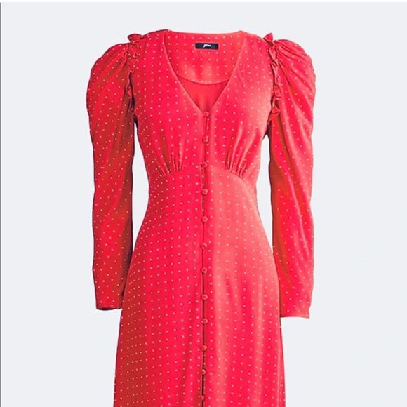 NWT J. Crew | Drapey Puff Sleeve Ruffled Red White Polka Dot Dress 14 - Picture 3 of 16